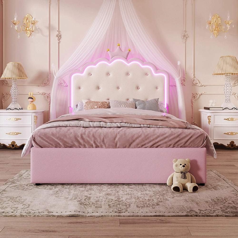 Letto imbottito principessa - Xylo - 140x200 cm - Rosa - Con 2 cassetti e illuminazione