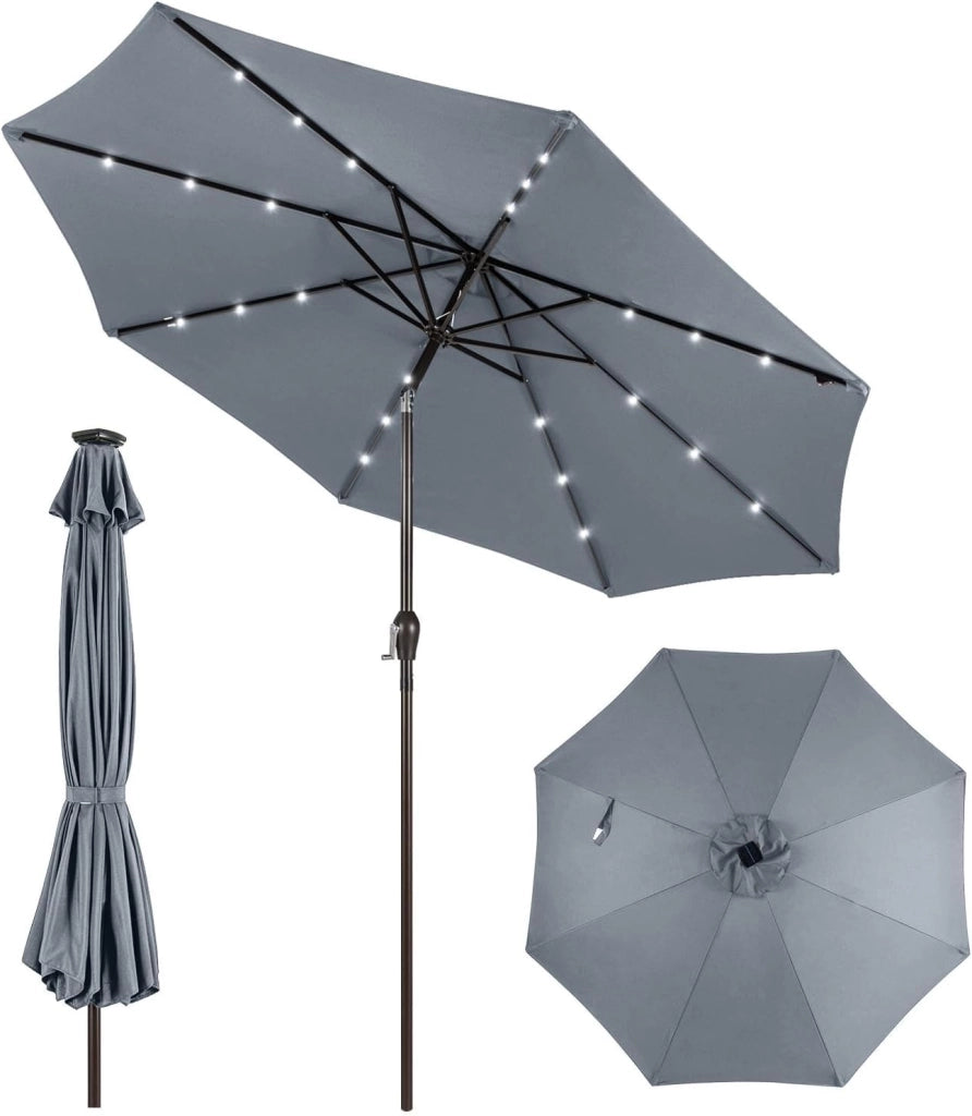 Ombrellone da Giardino 3m, con Luci LED e Manovella, Ombrellone da Balcone Inclinabile Protezione UV, Ombrellone Parasole da Cortile con 8 Osse, per Terrazza, Spiaggia, Piscina