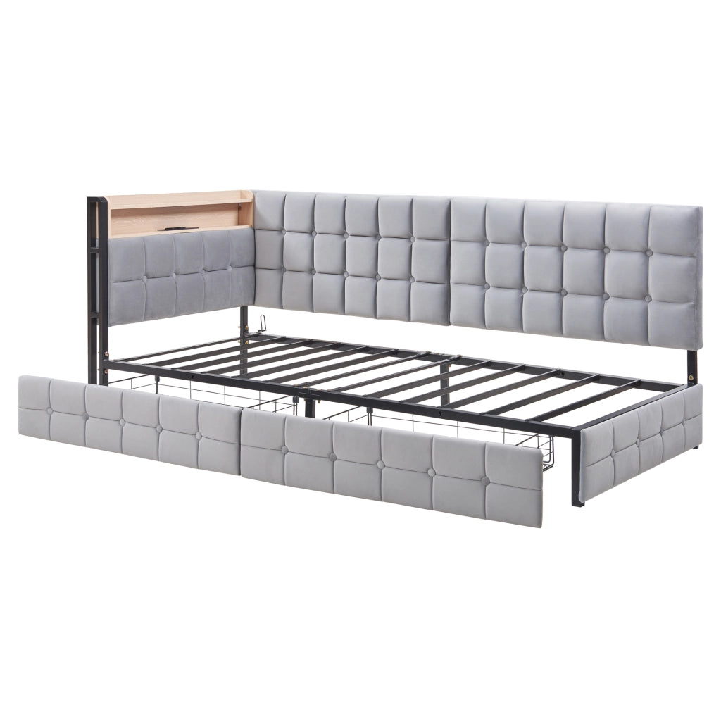 Divano letto imbottito 90x200 cm con 2 cassetti, LED integrato, porte USB e Type-C, struttura in metallo, grigio