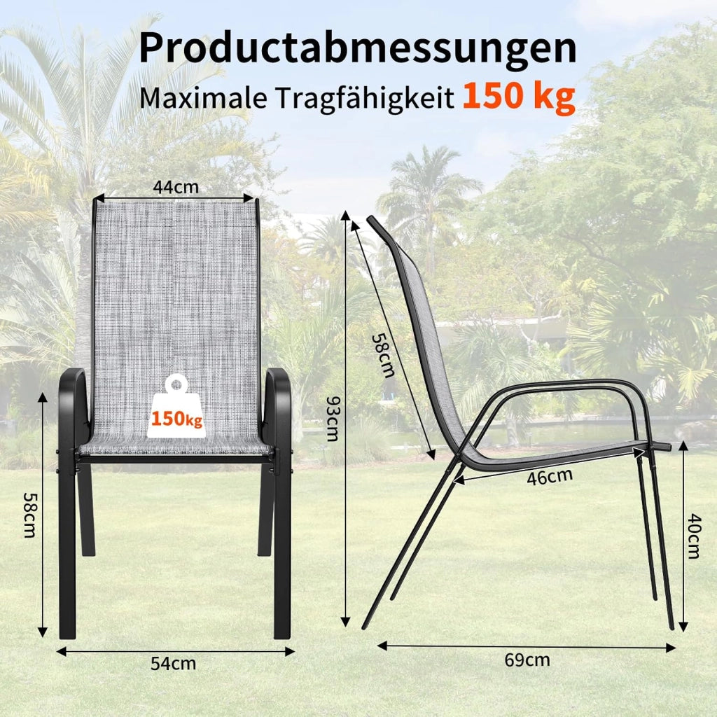 Sedia da giardino impilabile, da campeggio, impilabile, con schienale alto, in acciaio textilene, per giardini, cortili, balconi, ristoranti, 150 kg, portata: 54 x 69 x 93 cm 6pcs Lino grigio