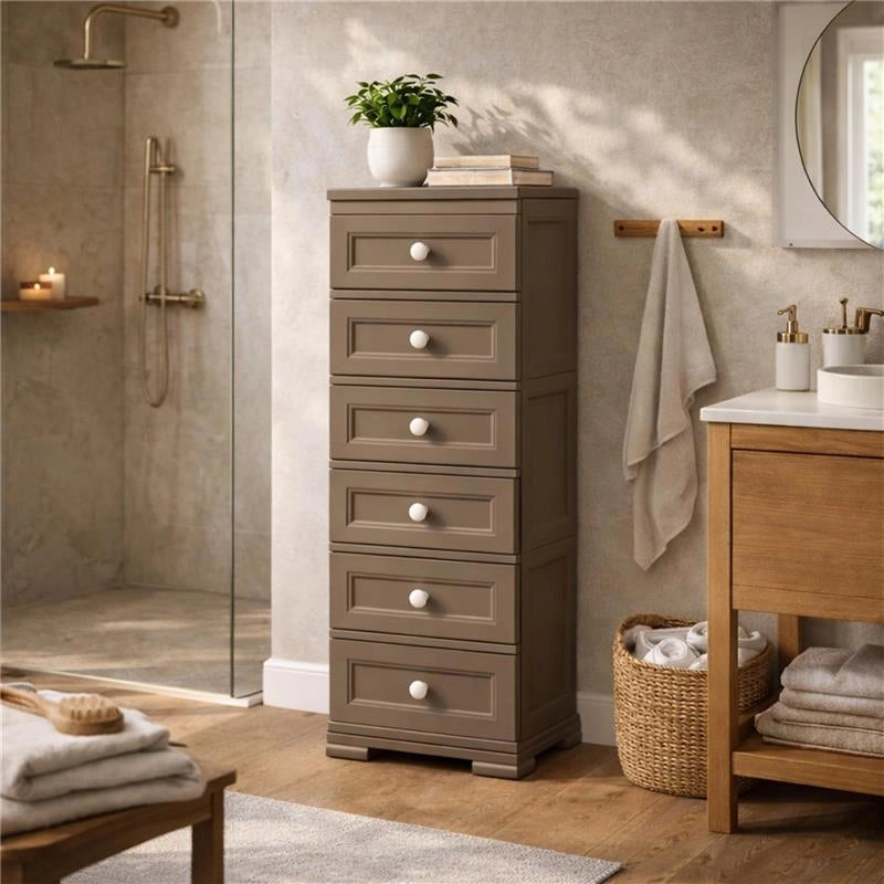 CASSETTIERA ALTA 6 CASSETTI PICCOLI WENGÉ 40X43X125 CM – MOBILE VERTICALE SALVASPAZIO PER ORGANIZZAZIONE CASA E INGRESSO