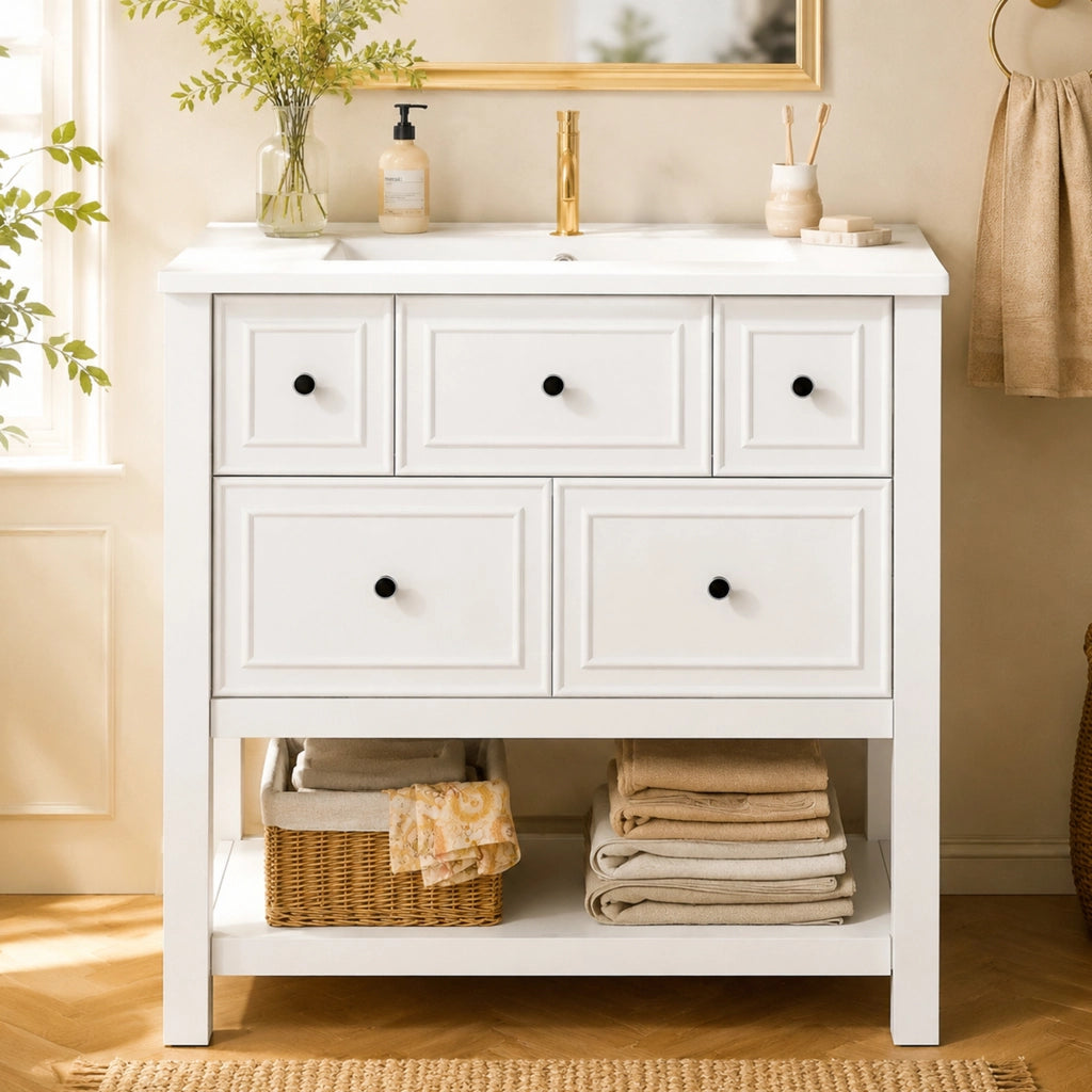 Mobile lavabo freestanding 76 x 46,5 x 82 cm, bianco, in MDF e ceramica, 5 cassetti e vani aperti