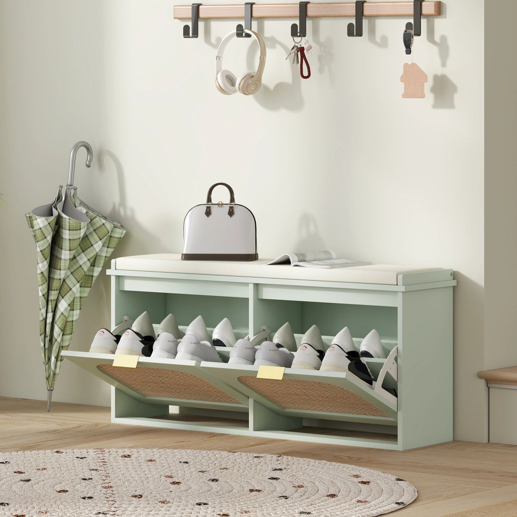 Panca scarpe con cassetti e schienale in rattan ¨C zephmum ¨C 104x26x47,5 cm verde