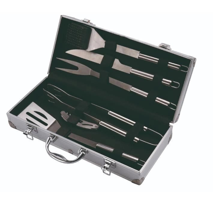 Sandrigarden 78935-15 Set Utensili per Barbecue 6 Pezzi Acciaio Inox Manici in Legno con Valigetta in Alluminio