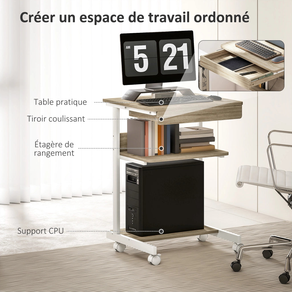 Scrivania computer con cassetto e ruote ¨C Xylo ¨C 56x51 cm rovere con ripiano CPU