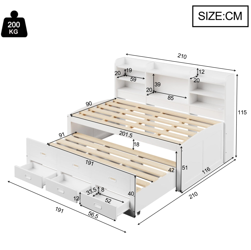 Letto singolo estraibile 90 x 200 cm bianco con LED, cassetti e ricarica USB-C