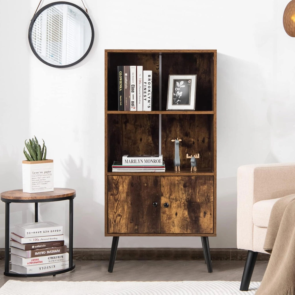 Libreria con 2 Ante a 3 Livelli, Scaffale per Libri, Credenza da Terra, Gambe Alte in Legno di Pino, Stile Vintage, Ideale per Soggiorno, Studio, Portata Massima 50 kg, 60x30x120 cm