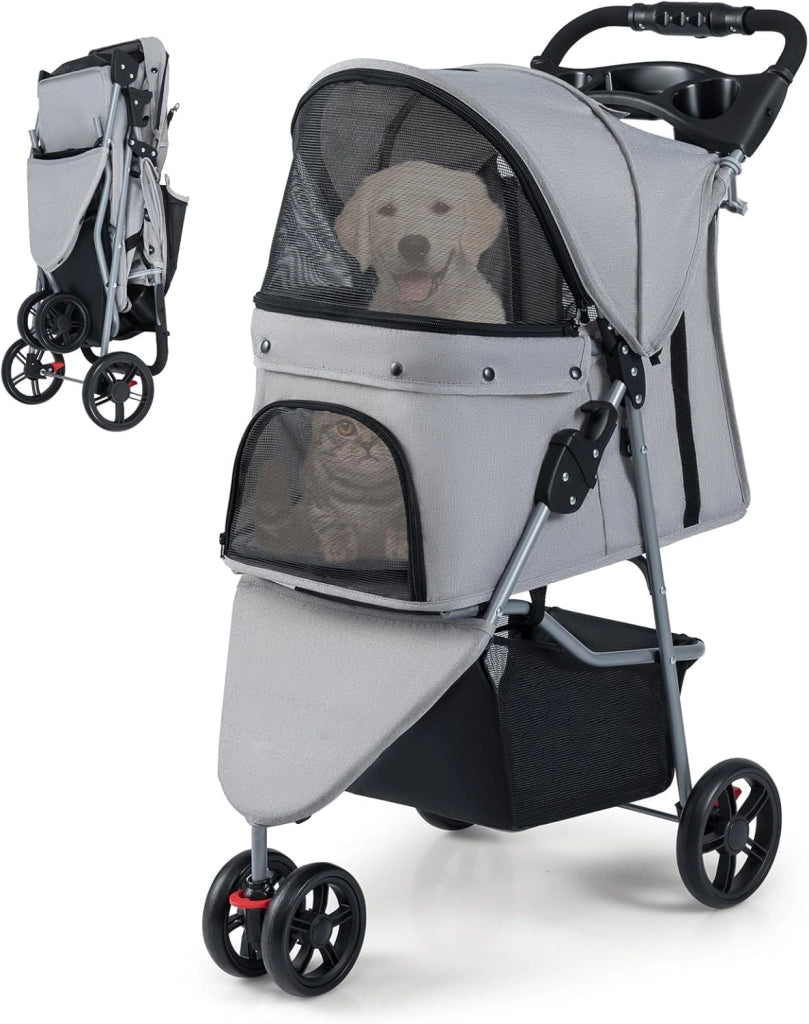 2 in 1 Passeggino per Cani, Carrozzina per Cani Pieghevole Facile con Portata Massima di 15 kg, 4 Ruote, Tetto Regolabile, Cuscino Rimovibile e Cestino Portaoggetti (Blu)