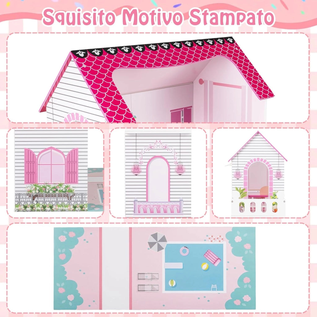 Casa delle Bambole a 3 Piani in Legno, Casa Barbie con Scale e 17 Pezzi di Mobili Completi, Villa da Principessa Fai-da-Te Giocattolo per Bambini 3+ Anni, 74,5 x 63 x 120,5 cm (Rosa)