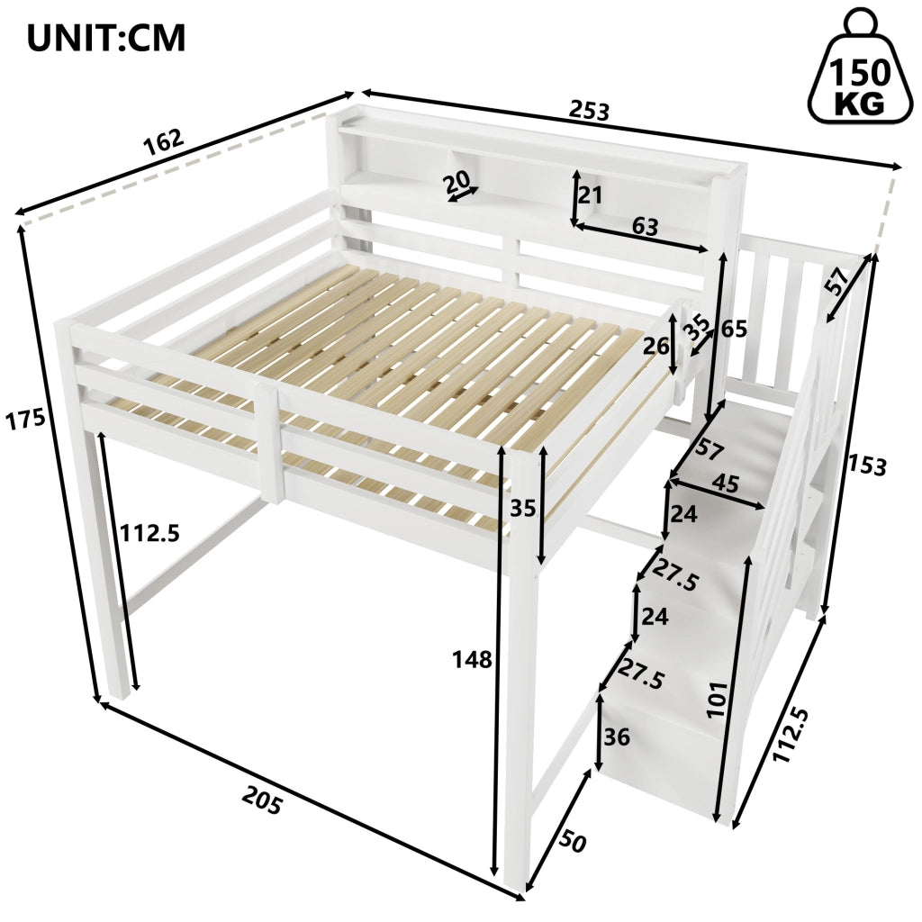Letto a soppalco 140x200 cm con LED e scala contenitore bianco