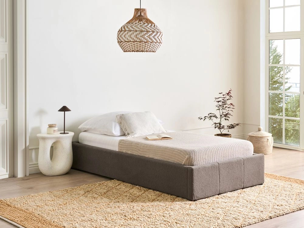 Letto singolo con contenitore in tessuto bouclè tortora 90 x 200 cm portaoggetti stile moderno