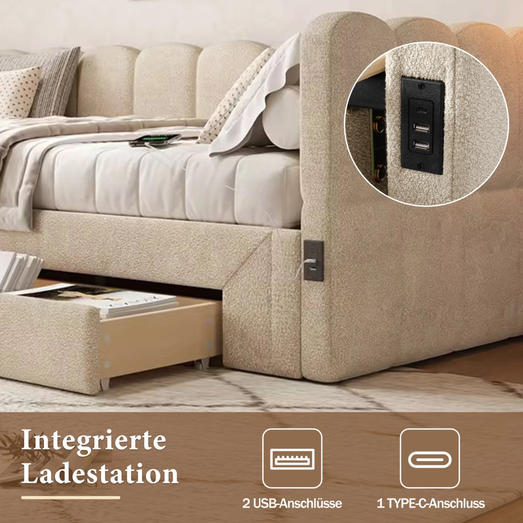 Letto imbottito - Xylo - 90x200 - Beige - 2 cassetti USB