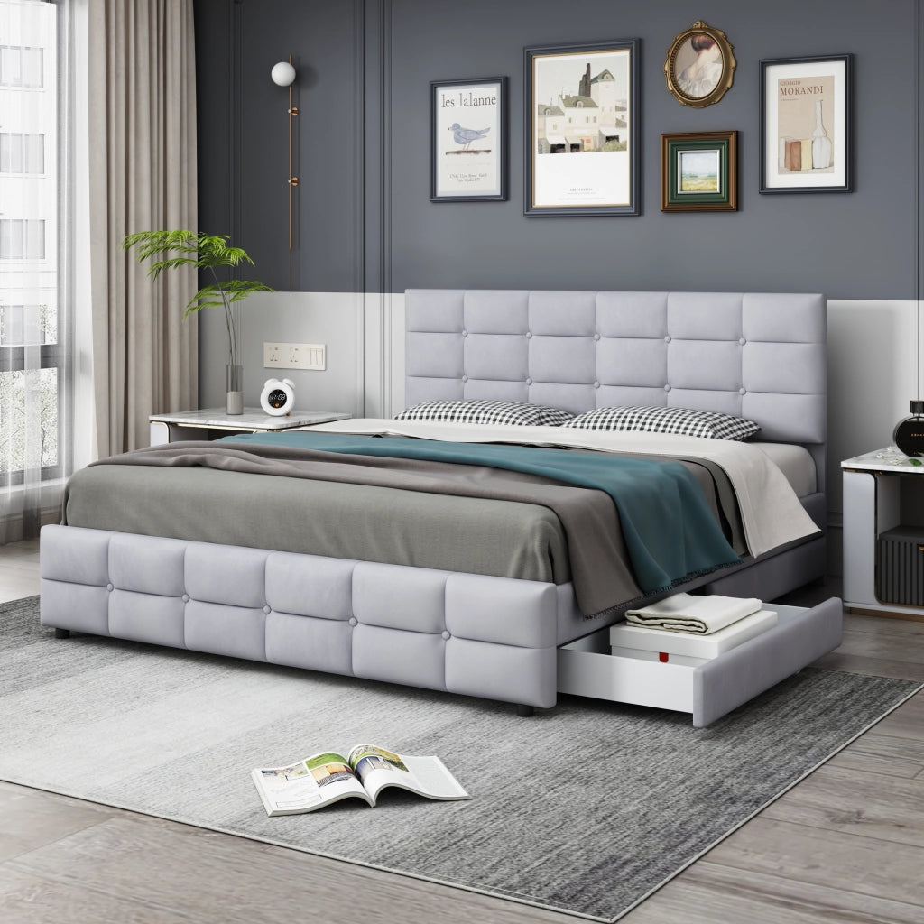 Letto Imbottito Matrimoniale con Cassetti ¨C MINIMAL ¨C Velluto Grigio 180x200