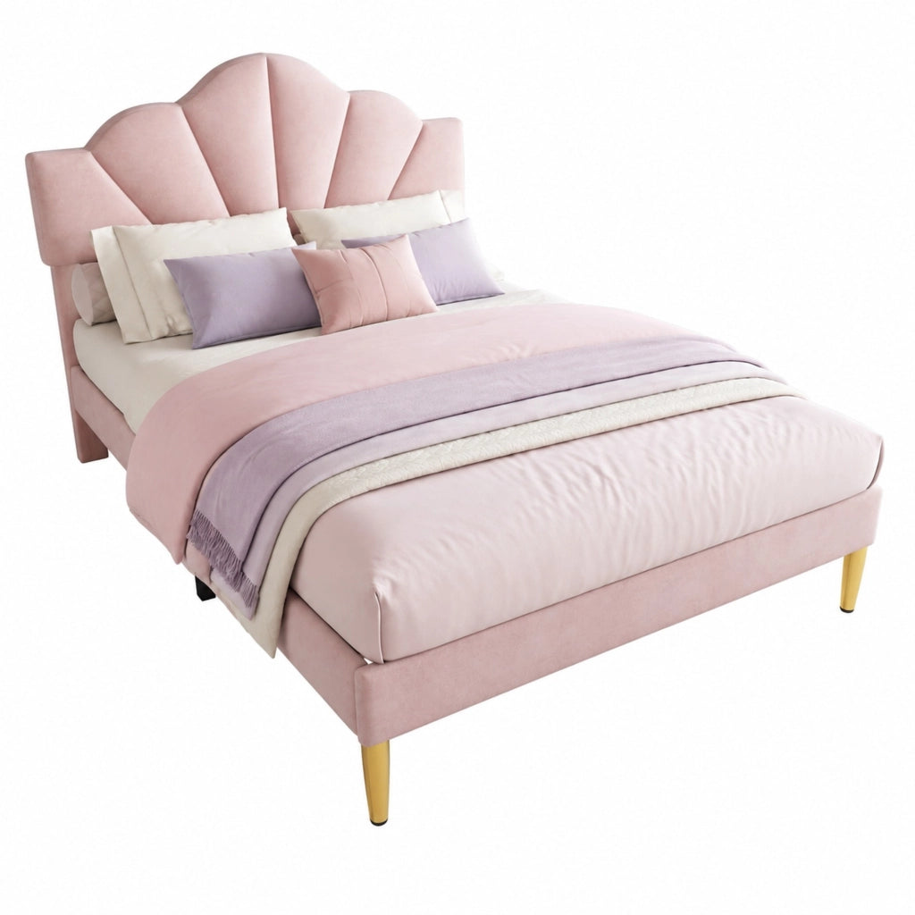 Letto matrimoniale imbottito 140x190 cm in velluto rosa con testiera regolabile e rete a doghe