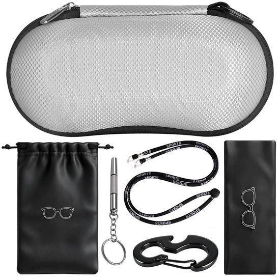 Portatile per occhiali da sole - Scocca resistente ai graffi - Materiale EVA - Chiusura a cerniera - Adatto per occhiali grandi - Incluso panno microfibra - Custodia per occhiali
