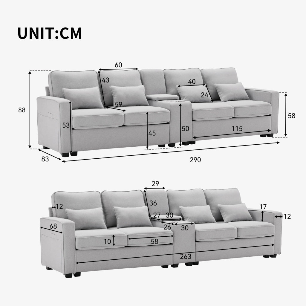 Divano Lineare 4 Posti con USB, Consolle, 2 Portabicchieri e Tasche Laterali, in Lino Grigio 290 × 83 × 88 cm