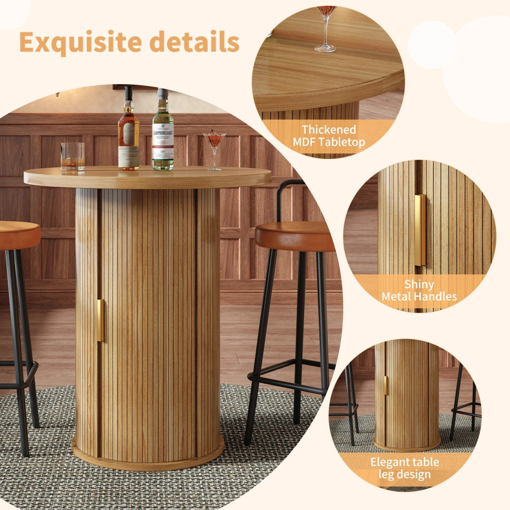 Tavolo da bar rotondo con 4 ripiani e anta scorrevole, per soggiorno e bar, in MDF e metallo, effetto legno, 60 × 60 × 91.6 cm