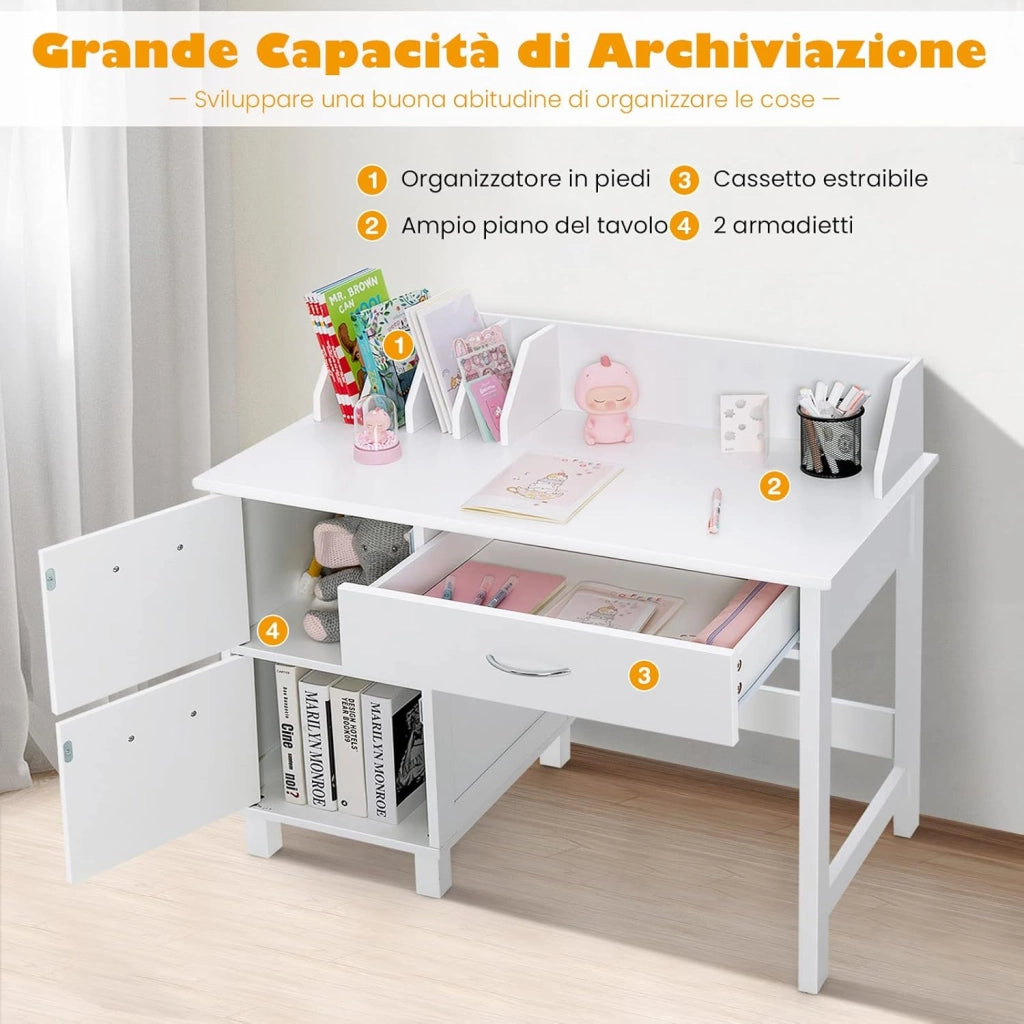 Set di Scrivania e Sedia per Bambini, Scrivania per Bambini con Cassetto e Armadietti, Ideale per Camera da Letto Sala Studio, 90,5 x 46 x 81 cm (bianco)