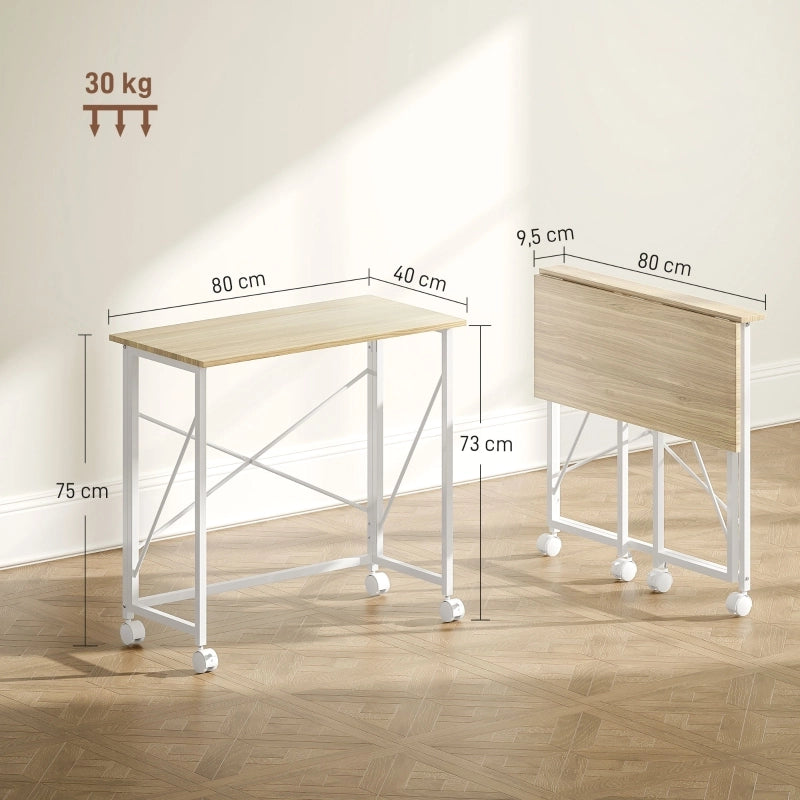 Scrivania pieghevole con 4 ruote e 2 freni, in MDF e acciaio, per piccoli spazi, naturale, 80 × 40 × 75 cm