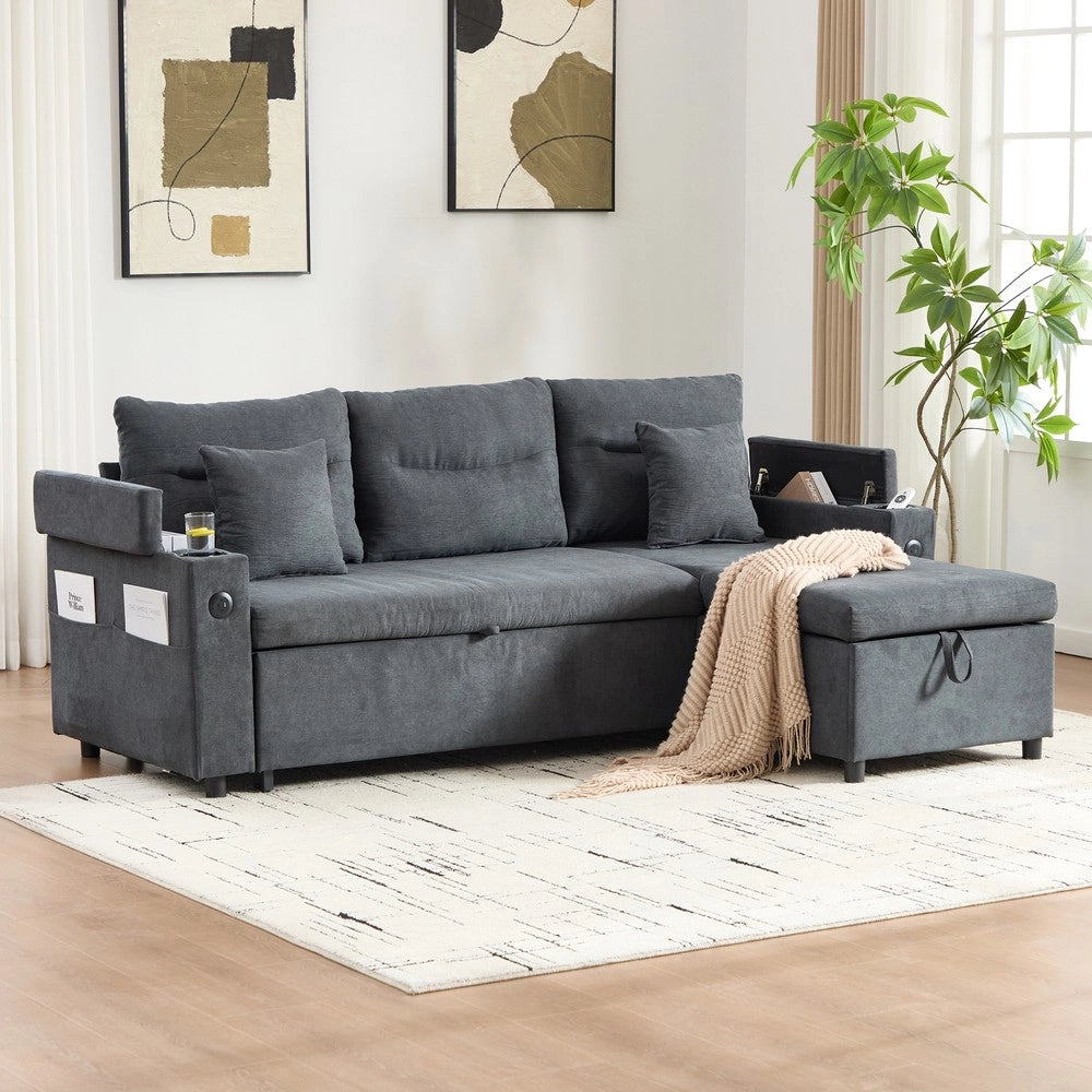 Divano 3 posti con contenitore e chaise longue ¨C Minimal ¨C Tessuto, con cassetti, porta bevande e USB-C