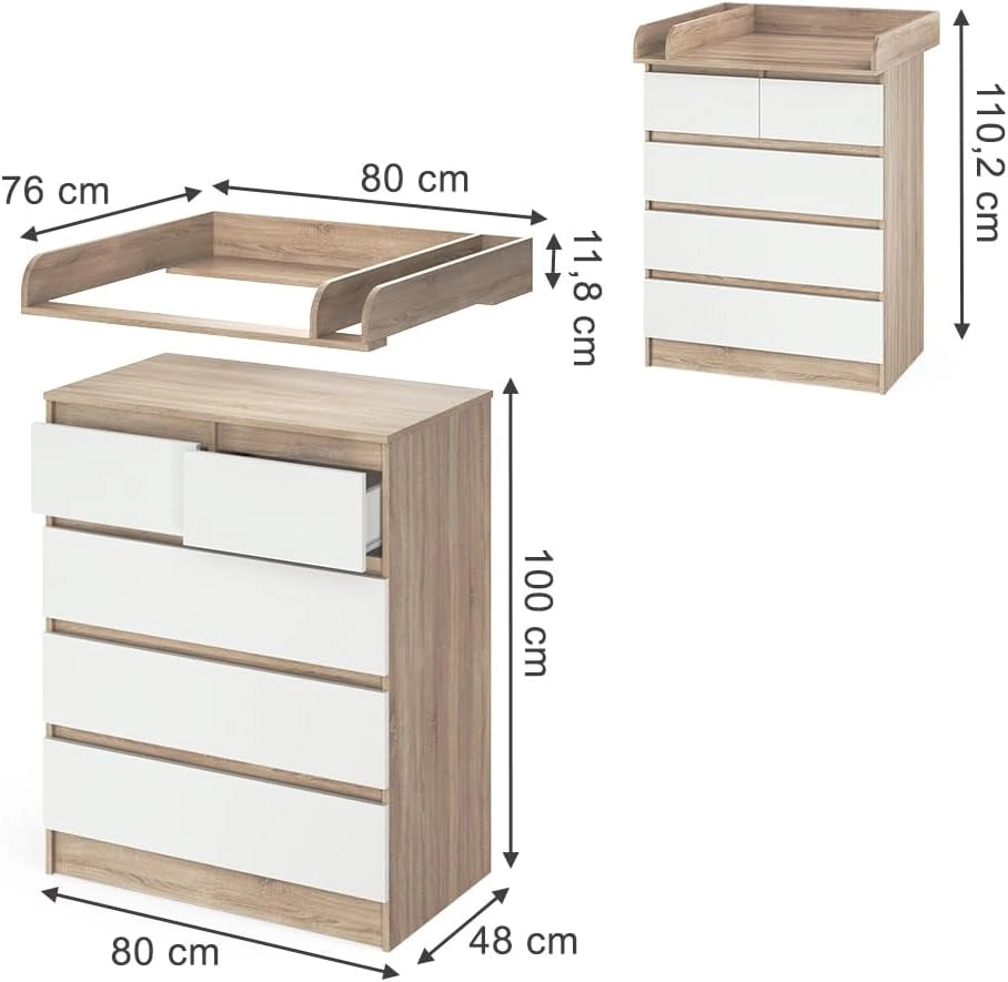 Fasciatoio Emma, Sonoma/Bianco, 80 x 110.2 cm con 5 cassetti, convertibile in una cassettiera tradizionale per un utilizzo versatile