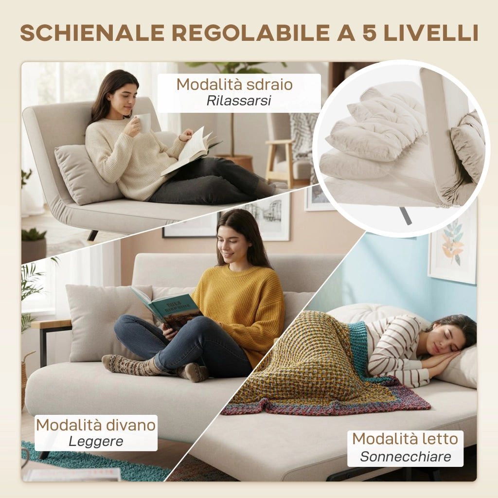 Divano Letto 3 in 1 in Tessuto Effetto Velluto con Schienale Regolabile e 2 Cuscini. 102x73x81 cm. Beige
