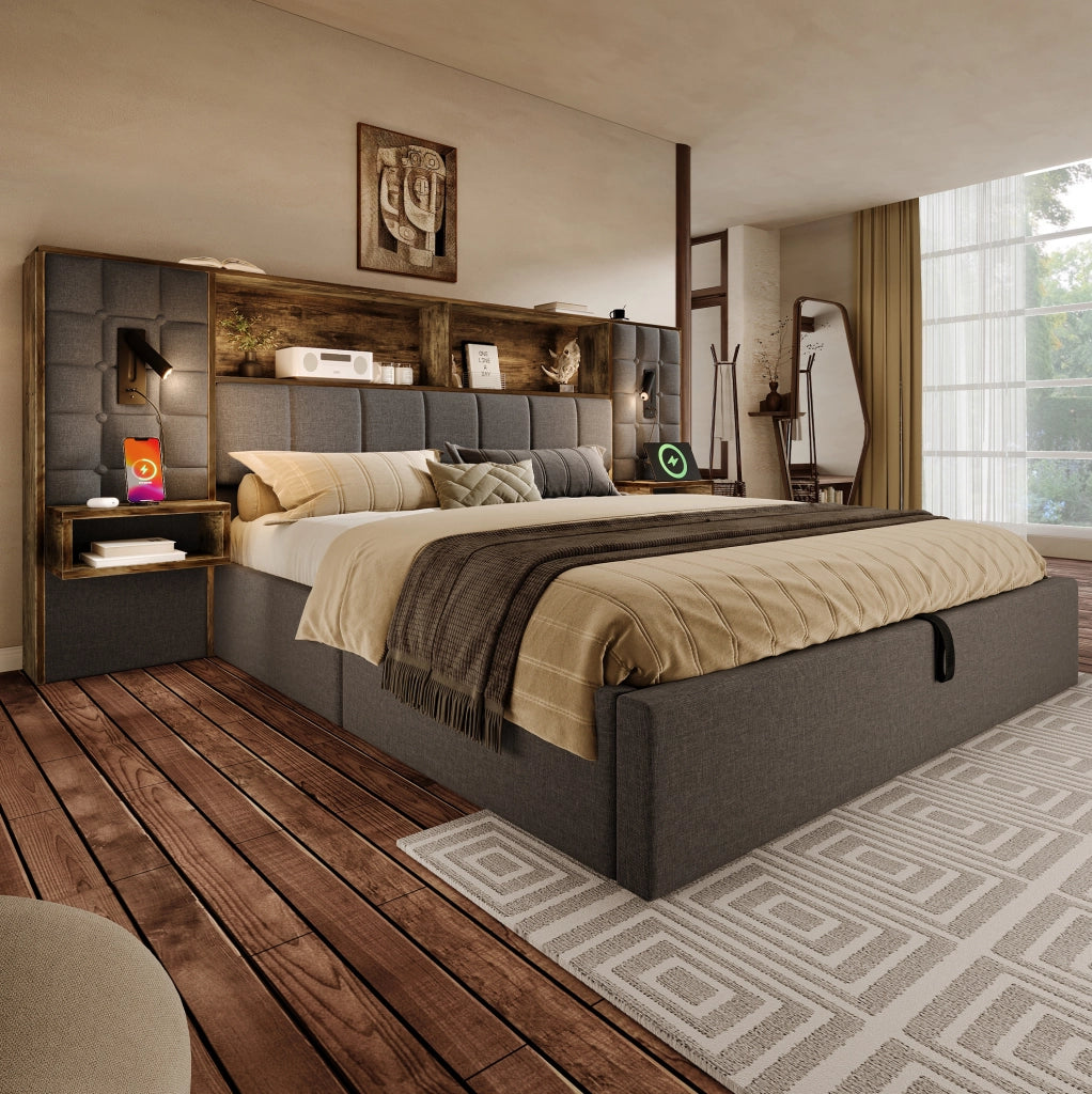 Letto matrimoniale 160x200 cm in lino grigio con contenitore; lampade da lettura e prese USB Type-C