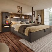 Letto matrimoniale 160x200 cm in lino grigio con contenitore; lampade da lettura e prese USB Type-C