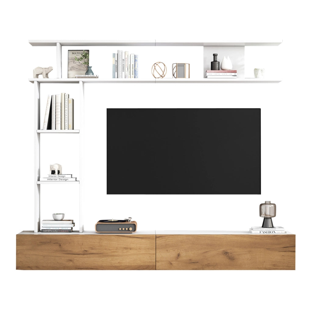 Mobile porta TV modulare con pensile e ripiani, bianco e legno