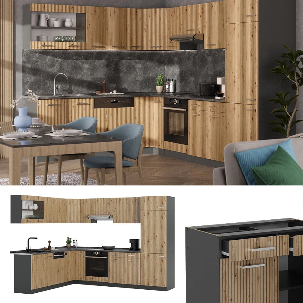 Cucina angolare completa R-Line Rovere artigianale/Antracite 287 x 227 cm, PL Marmo Vicco