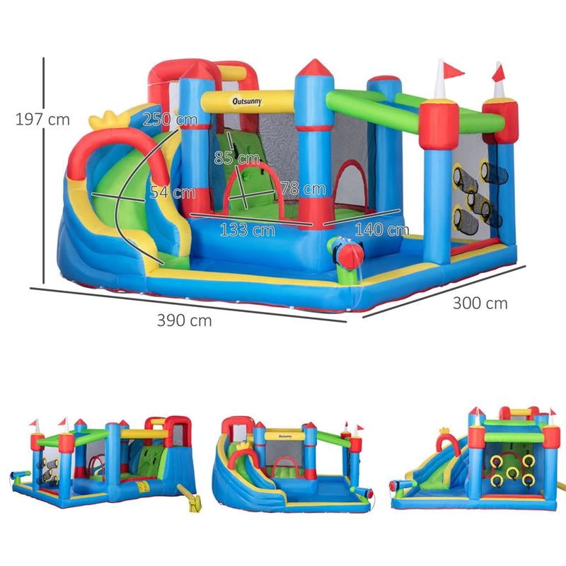 CASTELLO GONFIABILE PER BAMBINI CON SCIVOLO, TRAMPOLINO E PISCINA, 390X300X197CM
