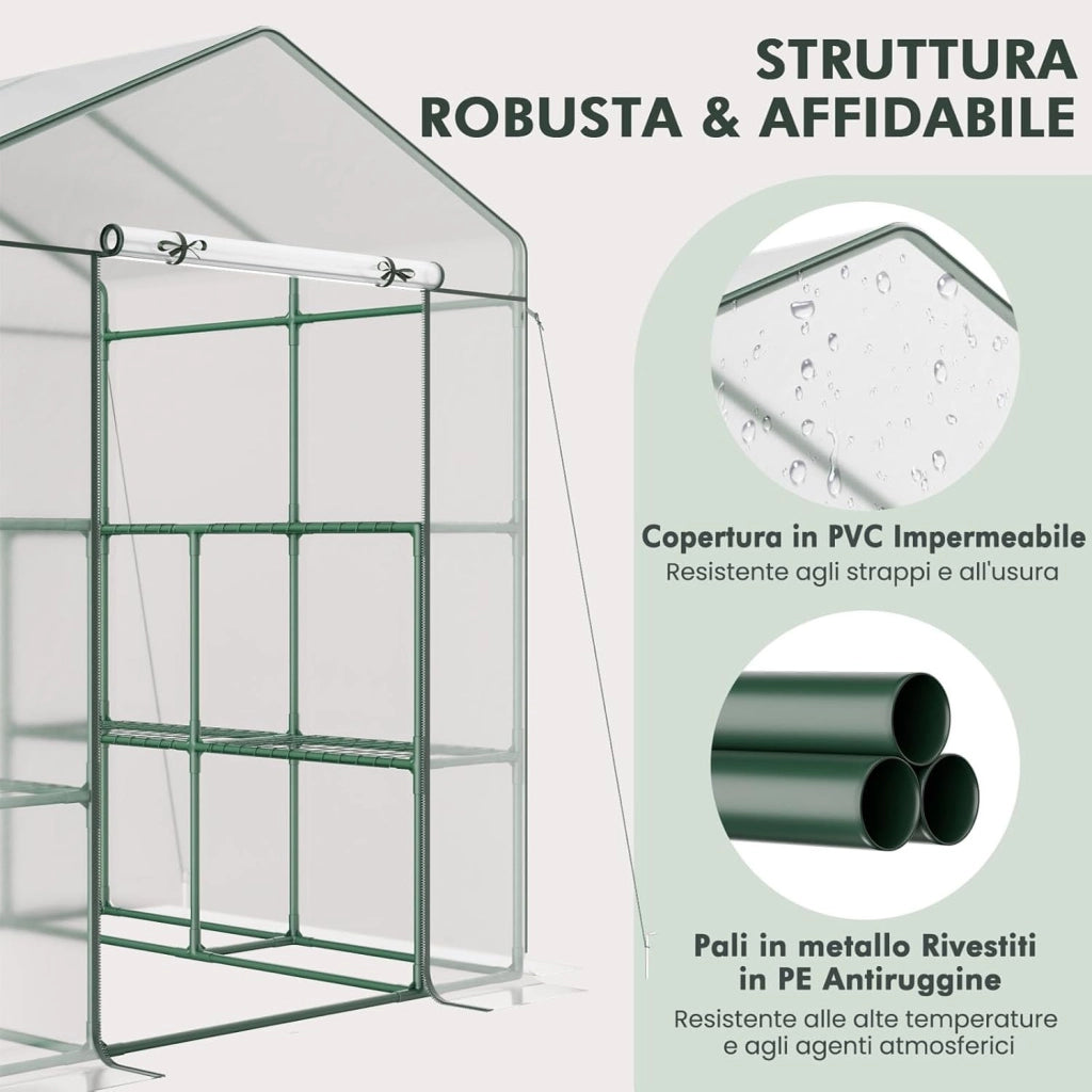 Serra da Giardino con 8 Ripiani, Telo Trasparente in PVC, Porta Avvolgibile con Cerniera, Telaio in Acciaio Robusto e Anticorrosione, Serra da Esterno per Piante, Fiori e Frutta