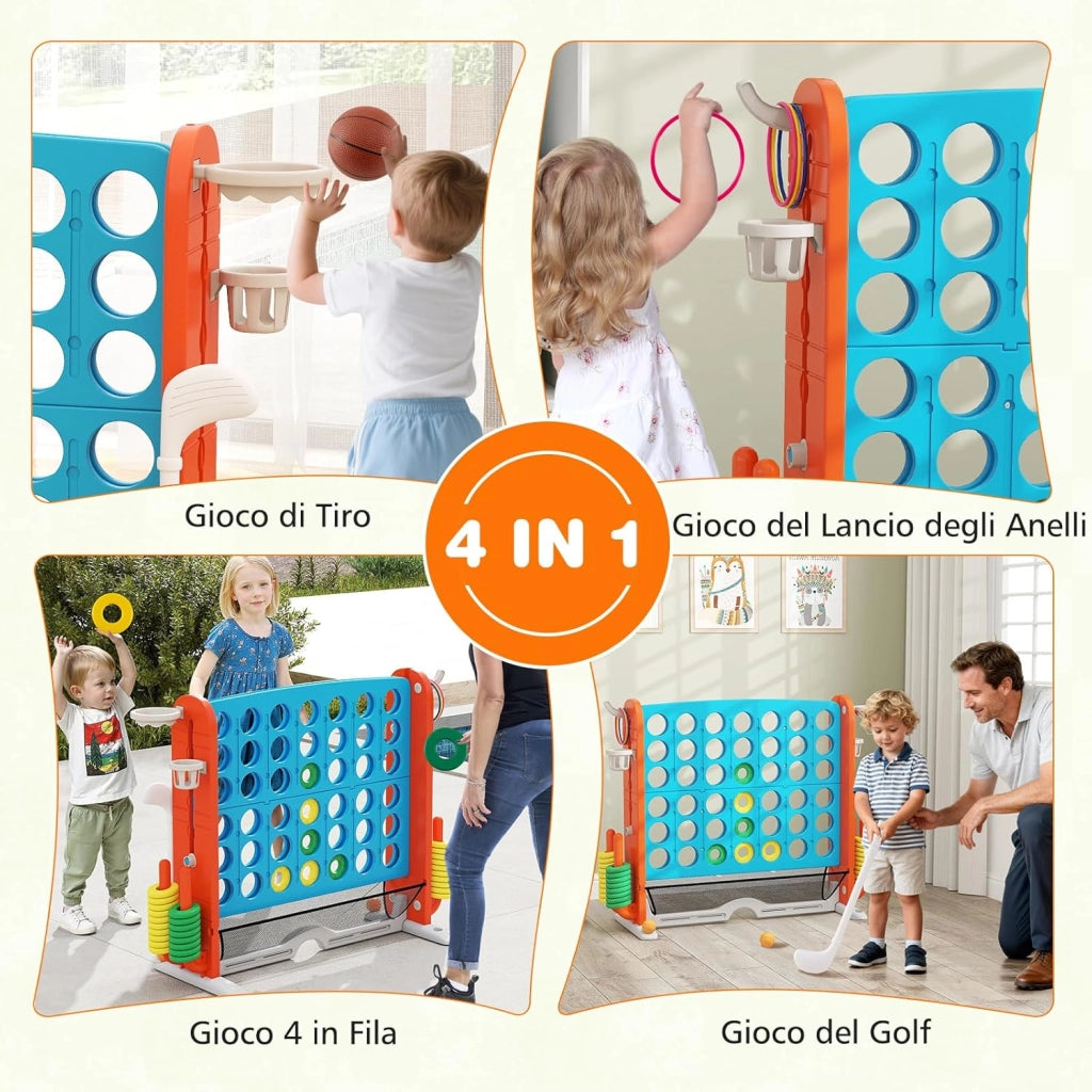 4 in 1 Forza 4 Gigante, Set di Gioco 4 in Fila con Lancio degli Anelli, Canestro da Basket, Palla, Mazza da Golf, Porta Bicchieri, Borsa e Tasca a Rete, Forza 4 Regolabile in Altezza (Azzurro)
