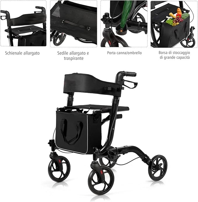 Deambulatore Pieghevole per Anziani Ultraleggero, con Sedile Borsa da Spesa e 4 Ruote Freno a Mano, Rollator Altezza Regolabile, Capacità 136kg, Lega di Alluminio, Nero (Nero)