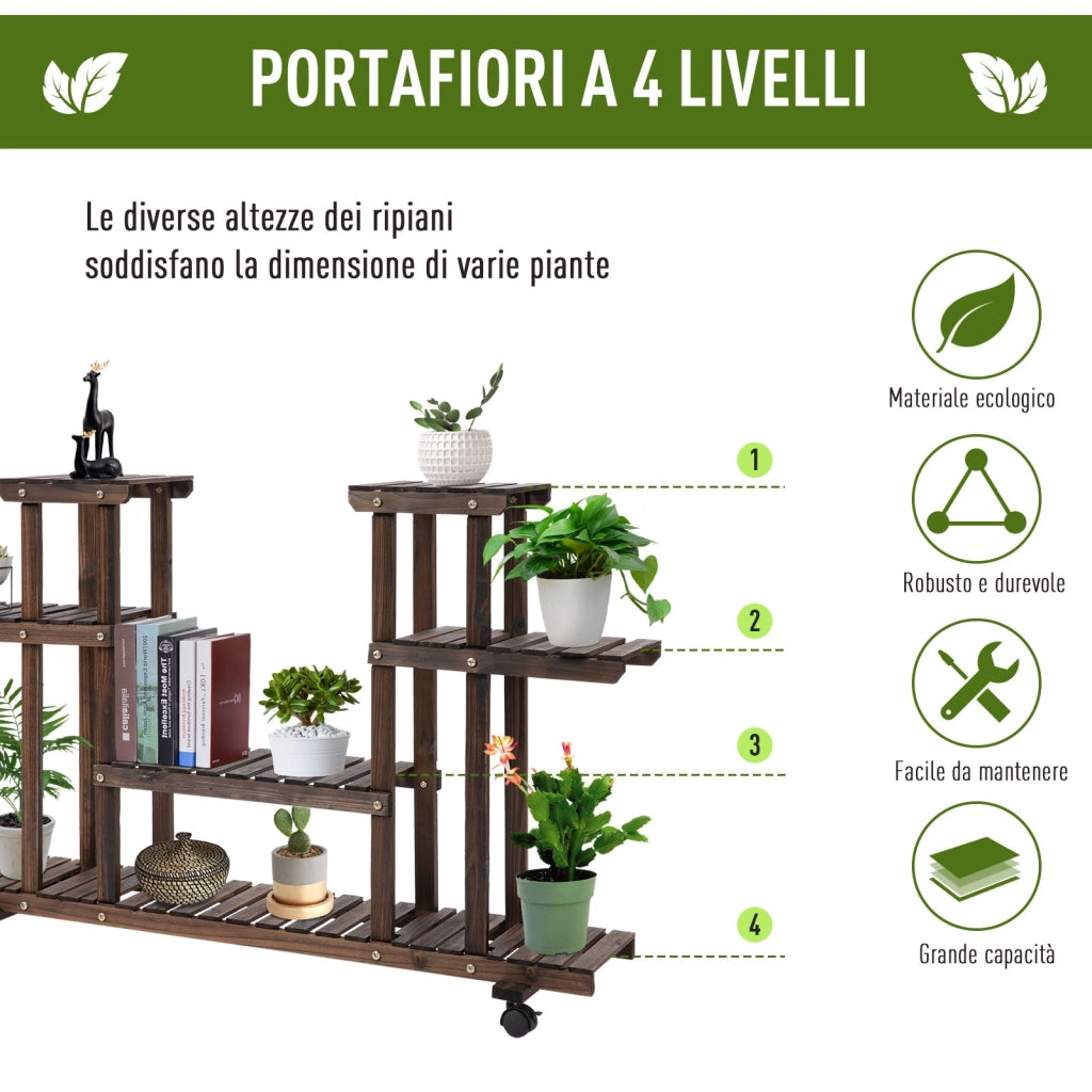 Scaffale Portavasi 4 Livelli 123,5x33x80 cm in Legno Carbonizzato