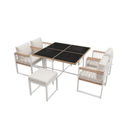 Salotto da Giardino con 1 Tavolo Quadrato; 4 Poltrone e 2 Poggiapiedi; per 6 persone; Legno di Acacia; Rattan e Metallo; Naturale e Bianco