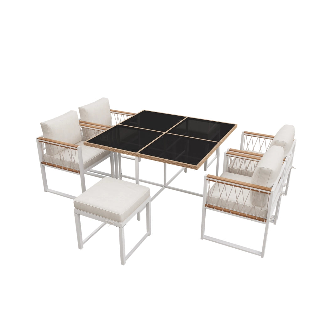 Salotto da Giardino con 1 Tavolo Quadrato; 4 Poltrone e 2 Poggiapiedi; per 6 persone; Legno di Acacia; Rattan e Metallo; Naturale e Bianco