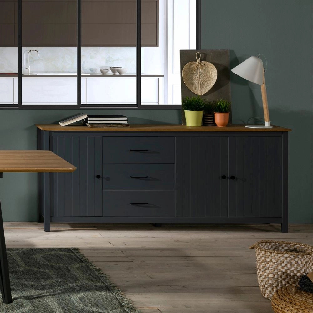 Credenza Miranda in legno massiccio colore blu e pino 191x40x80H - 3 Ante e 3 cassetti