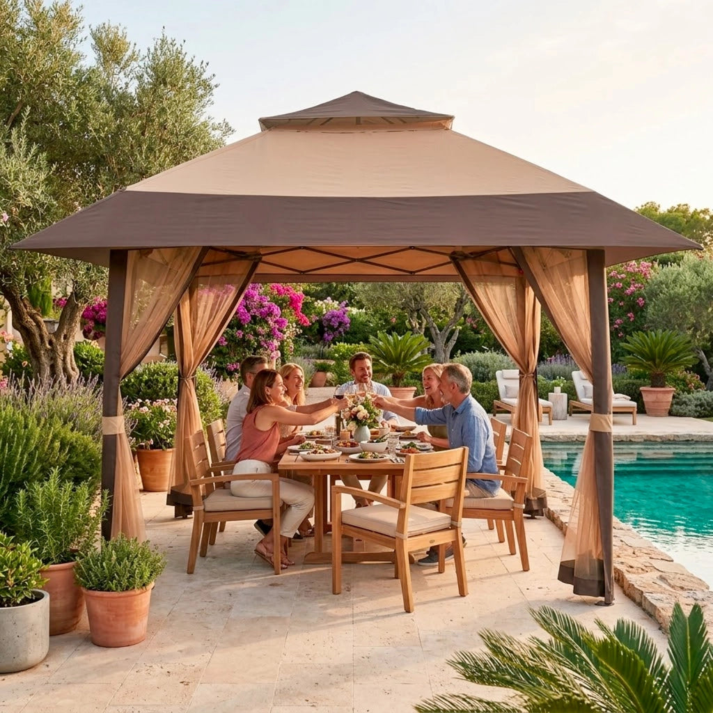 Gazebo Pop Up Da Giardino 4 X 4 Metri Con Tetto Allargato E Zanzariere Altezza Regolabile Da 2.7 X 2.9 M Apertura Rapida E Borsa Di Trasporto Inclusa Per Feste Piscina Campeggio Eventi Kaki