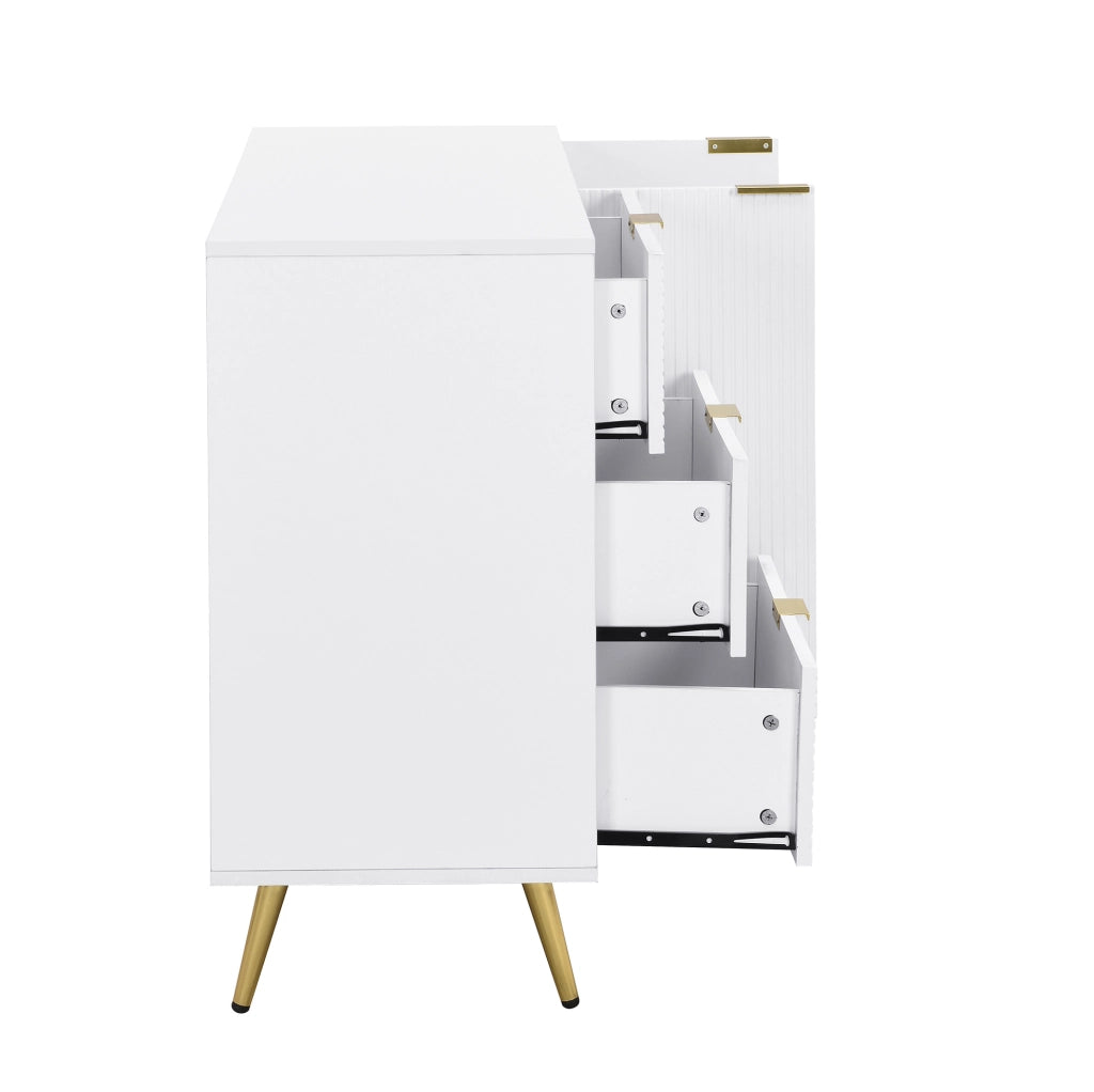 Credenza 120x38x80.5 cm con 3 cassetti e 2 ante; MDF bianco e oro
