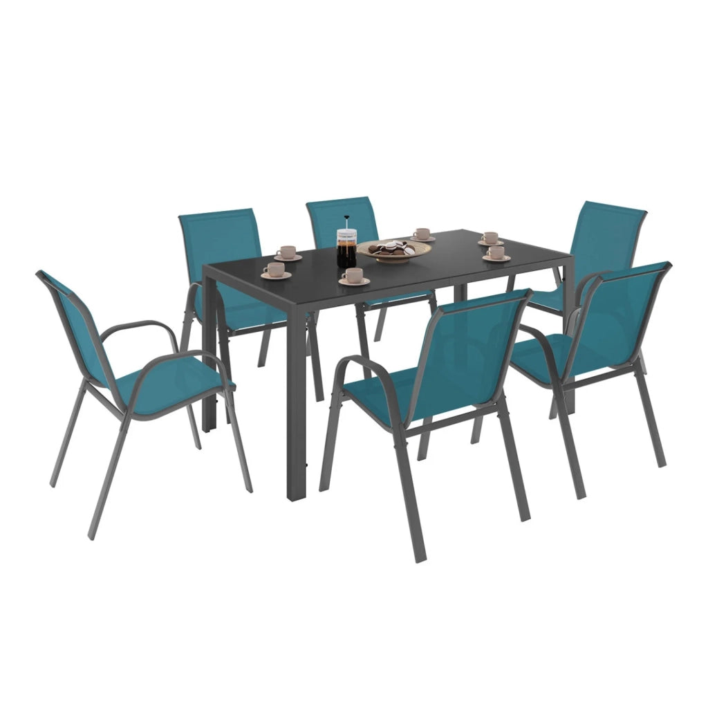 IDMarket - Set di mobili da giardino MADRID tavolo 150 CM e 6 sedie impilabili blu anatra