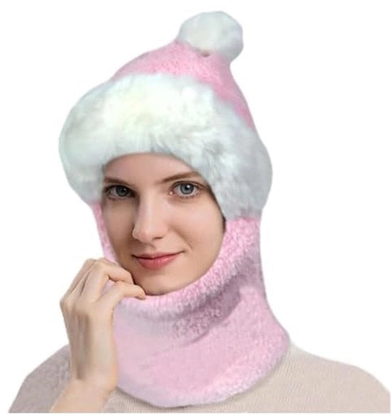 Muffa per donna con pompon in piuma, cappello caldo, cappello, sciarpa, cappello invernale, rosa