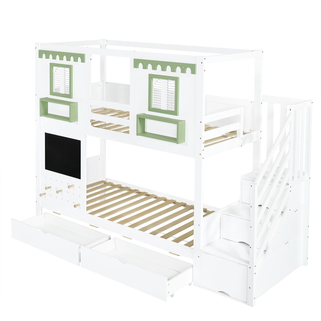 Letto a castello per bambini - Zephmum - 90x200 cm - Bianco+Verde - Con tavolo, ganci, cassetti e armadio