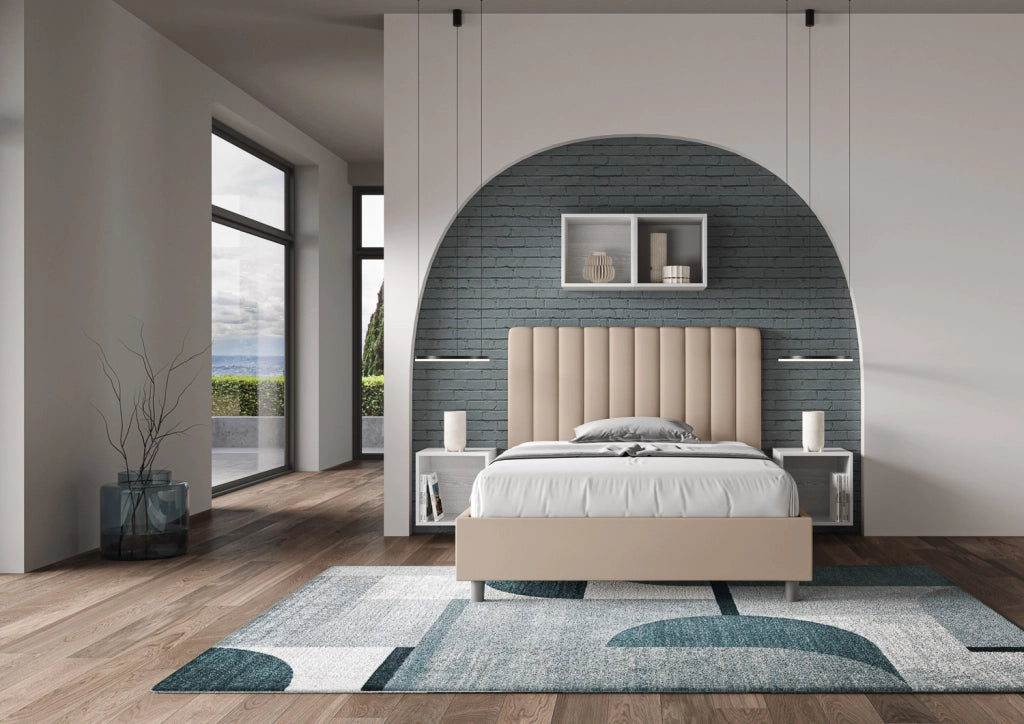 BS COM Letto una piazza e mezza con rete imbottito 130x210 similpelle tortora