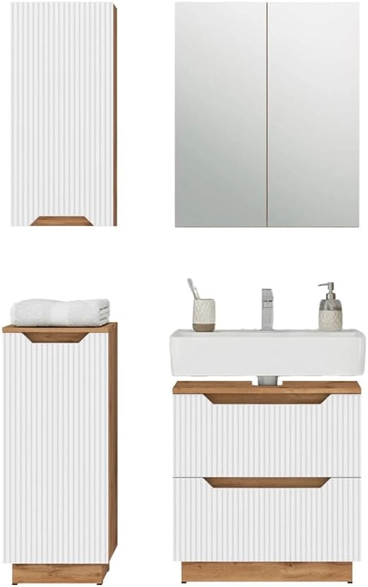 Set di mobili da bagno Lotta, Rovere/bianco a strisce, 4 parti