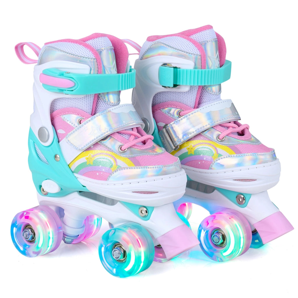 Pattini a rotelle per bambini con ruote luminose e 4 misure regolabili, Pattino a rotella per principiante con motivo a farfalla S