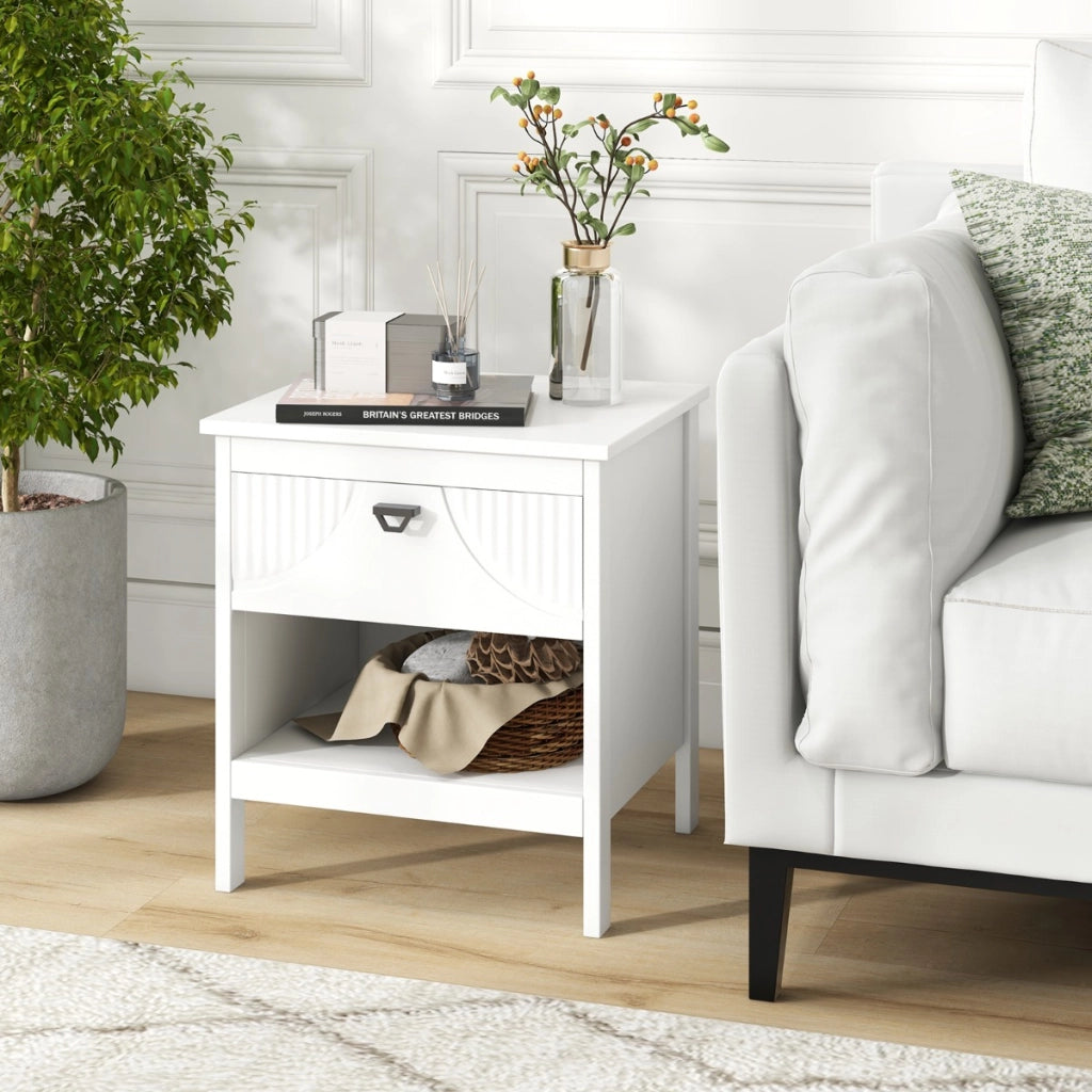 Tavolino compatto in legno con cassetto per soggiorno-Comodino a 2 ripiani con scaffale aperto per letto Bianco