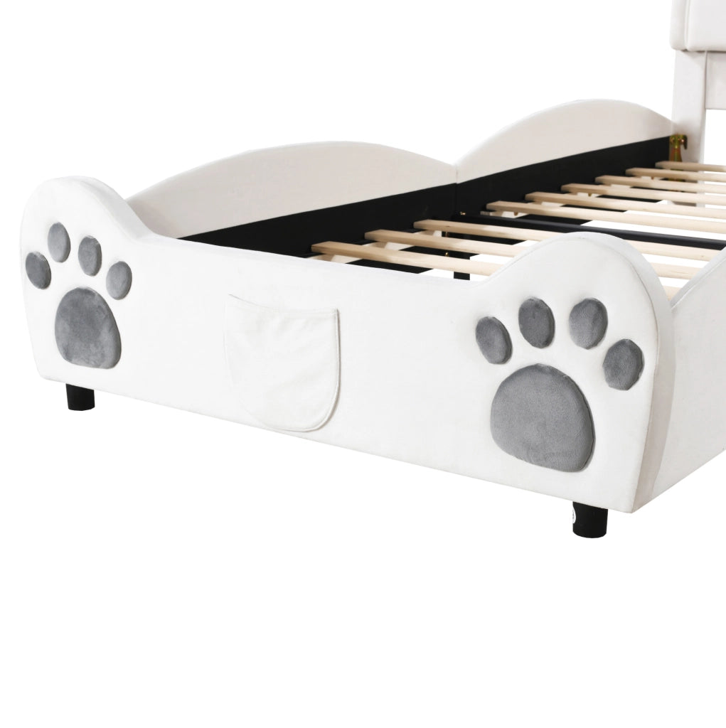 Letto imbottito per bambini 90x200 cm a forma di orso; velluto; bianco