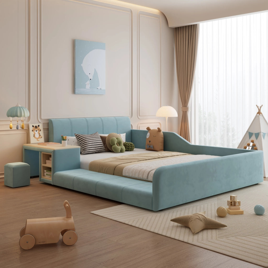 OKWISH Letto combinato 140×200 cm, Letto Singolo con Scrivania Laterale, Mensole e Pouf, senza Materasso, in Velluto, Blu