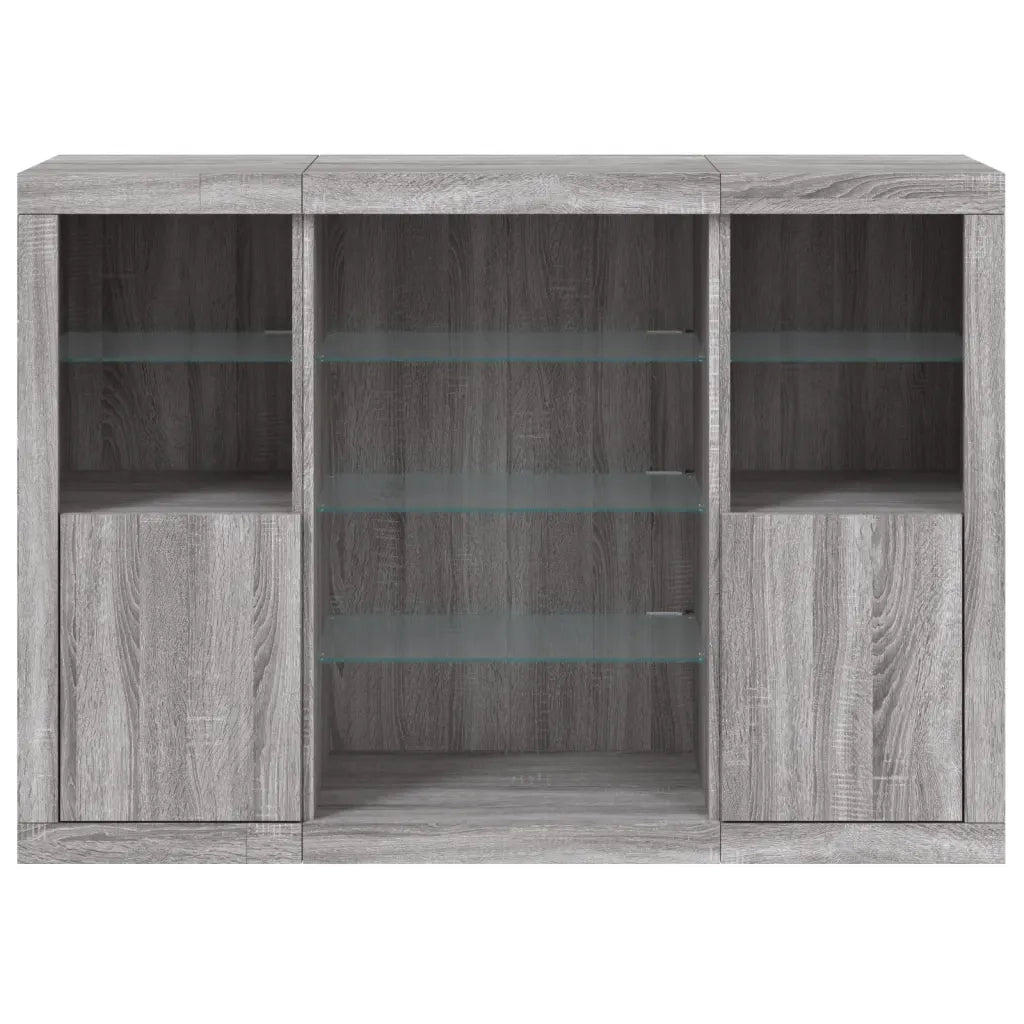 Credenze con Luci LED 3 pz | Madia | Buffet da pranzo | Armadio da pranzo Grigio Sonoma in Legno Multistrato